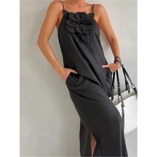 Women's Black Red Apricot Summer Spring Maxi Dress Cotton Linen Dresses Casual Dress Strap Dress Basic Modern Daily Weekend Loose Fit Plain Spaghetti