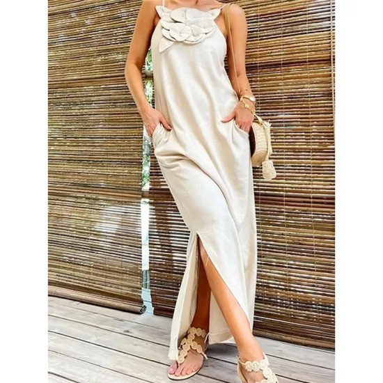 Women's Black Red Apricot Summer Spring Maxi Dress Cotton Linen Dresses Casual Dress Strap Dress Basic Modern Daily Weekend Loose Fit Plain Spaghetti