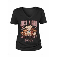 Women's T Shirt Dog Letter Stylish Casual Short Sleeve V Neck Regular Tops Daily Print Black Summer 2025