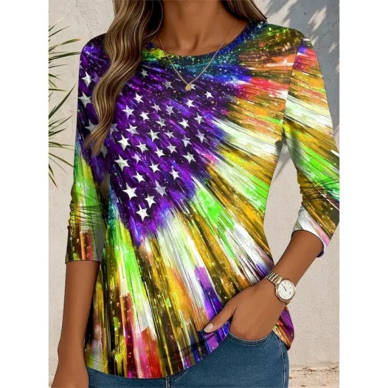 Women's Patriotic T Shirt Graphic Flag Abstract Vintage Stylish Classic Round Neck Regular Tops Daily Print Blue Purple Green Fall 2025 Women's Patriotic T Shirt Graphic Flag Abstract Vintage Stylish Classic Round Neck Regular Tops Daily Print Blue Purple Green Fall 2025