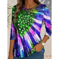 Women's Patriotic T Shirt Graphic Flag Abstract Vintage Stylish Classic  Round Neck Regular Tops Daily Print Blue Purple Green Fall 2025