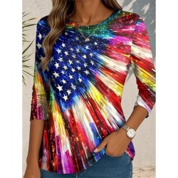 Women's Patriotic T Shirt Graphic Flag Abstract Vintage Stylish Classic  Round Neck Regular Tops Daily Print Blue Purple Green Fall 2025