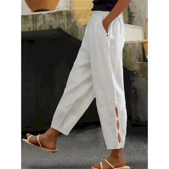 Women's Cotton Linen Pants Chinos Fashion Streetwear Ankle-Length High Waist Plain Pocket Elastic Waistband Comfy Soft Comfortable Micro-elastic Outdo Women's Cotton Linen Pants Chinos Fashion Streetwear Ankle-Length High Waist Plain Pocket Elastic Waistband Comfy Soft Comfortable Micro-elastic Outdo
