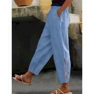 Women's Cotton Linen Pants Chinos Fashion Streetwear Ankle-Length High Waist Plain Pocket Elastic Waistband Comfy Soft Comfortable Micro-elastic Outdo
