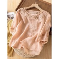 Women's Shirt Cotton Linen Shirts Blouse Solid Color Basic Casual 3\/4 Length Sleeve Crew Neck Regular Tops Daily Lace Patchwork Black Yellow Pink Gree Women's Shirt Cotton Linen Shirts Blouse Solid Color Basic Casual 3\/4 Length Sleeve Crew Neck Regular Tops Daily Lace Patchwork Black Yellow Pink Gree