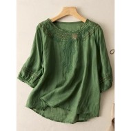 Women's Shirt Cotton Linen Shirts Blouse Solid Color Basic Casual 3\/4 Length Sleeve Crew Neck Regular Tops Daily Lace Patchwork Black Yellow Pink Gree