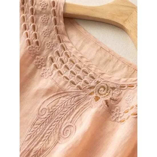 Women's Shirt Cotton Linen Shirts Blouse Solid Color Basic Casual 3\/4 Length Sleeve Crew Neck Regular Tops Daily Lace Patchwork Black Yellow Pink Gree