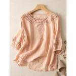 Women's Shirt Cotton Linen Shirts Blouse Solid Color Basic Casual 3\/4 Length Sleeve Crew Neck Regular Tops Daily Lace Patchwork Black Yellow Pink Gree