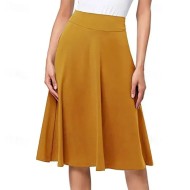Women's Skirt A Line Knee-length High Waist Skirts Pleated Ruffle Solid Colored Maillard Street Daily Spring Fashion Casual Wine Black Yellow Dark Gre