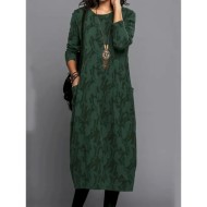 Women's Floral Crew Neck Midi Dress Long Sleeve Spring Fall 2025