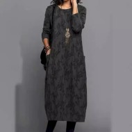 Women's Floral Crew Neck Midi Dress Long Sleeve Spring Fall 2025