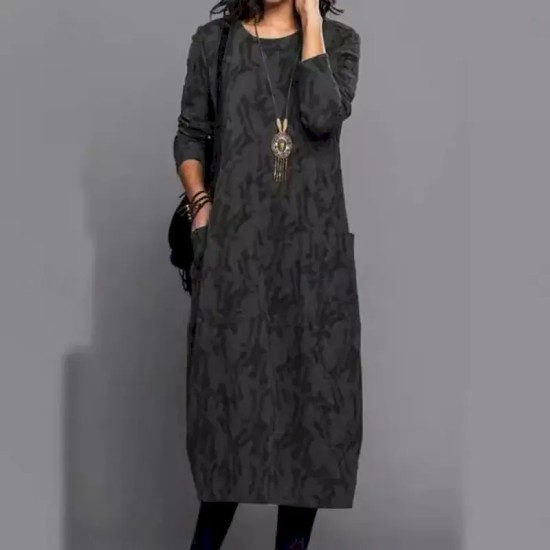 Women's Floral Crew Neck Midi Dress Long Sleeve Spring Fall 2025