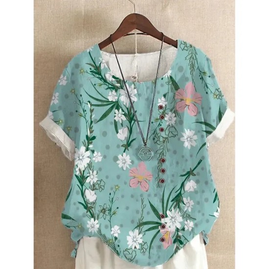 Women's Shirt Linen-Inspired Shirts Blouse Floral Casual Short Sleeve Crew Neck Regular Tops Vacation Daily Print Yellow Light Green Royal Blue Blue P