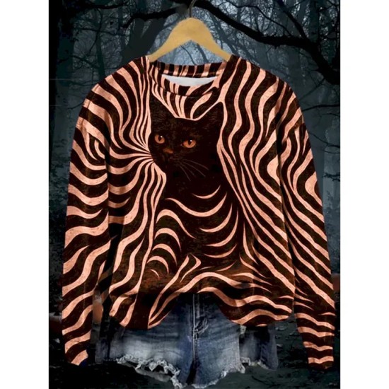 Women's Pullover Sweatshirt Black Cat Graphic Skull Cat Fashion Casual Long Sleeve Crew Neck Regular Tops Street Dailywear Casual Print Black Purple O