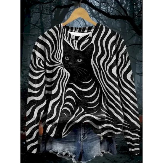 Women's Pullover Sweatshirt Black Cat Graphic Skull Cat Fashion Casual Long Sleeve Crew Neck Regular Tops Street Dailywear Casual Print Black Purple O