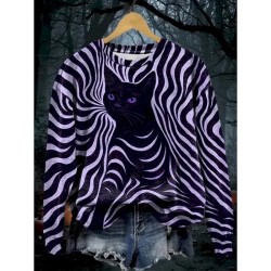 Women's Pullover Sweatshirt Black Cat Graphic Skull Cat Fashion Casual Long Sleeve Crew Neck Regular Tops Street Dailywear Casual Print Black Purple O