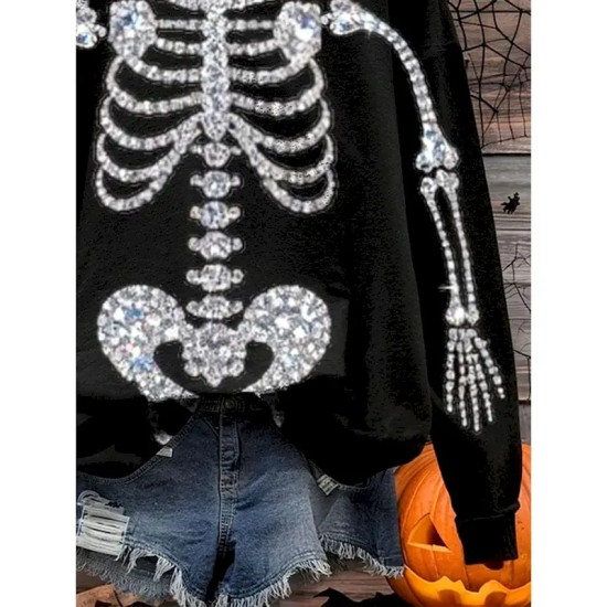 Women's Pullover Sweatshirt Black Cat Graphic Skull Cat Fashion Casual Long Sleeve Crew Neck Regular Tops Street Dailywear Casual Print Black Purple O