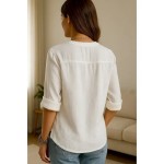 Women's Button Up Cotton Linen Shirt Plain Basic Modern Long Sleeve V Neck Regular Tops Daily Buttons White Summer 2025