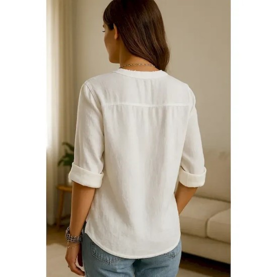 Women's Button Up Cotton Linen Shirt Plain Basic Modern Long Sleeve V Neck Regular Tops Daily Buttons White Summer 2025