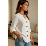 Women's Button Up Cotton Linen Shirt Plain Basic Modern Long Sleeve V Neck Regular Tops Daily Buttons White Summer 2025
