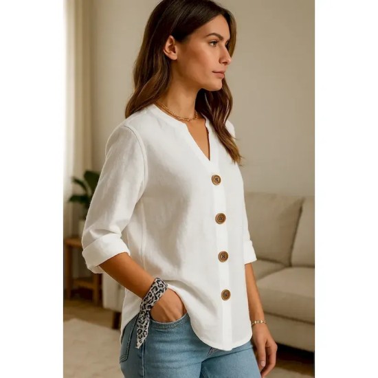 Women's Button Up Cotton Linen Shirt Plain Basic Modern Long Sleeve V Neck Regular Tops Daily Buttons White Summer 2025