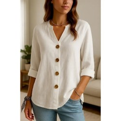 Women's Button Up Cotton Linen Shirt Plain Basic Modern Long Sleeve V Neck Regular Tops Daily Buttons White Summer 2025