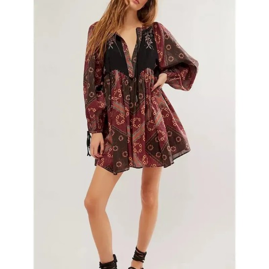 Women's Mini Dress Casual Dress Boho Dress Ethnic Casual Vacation Daily Regular Fit Floral Long Sleeve V Neck Wine Blue Green Spring Fall 2025