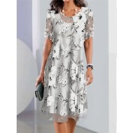 Women's Elegant Chiffon Dress Floral Mesh Print Crew Neck Midi Dress Daily Vacation Short Sleeve Summer Spring 2025