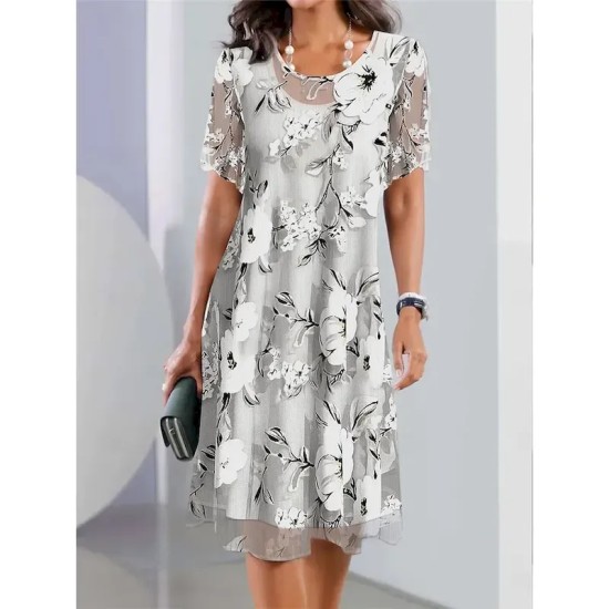 Women's Elegant Chiffon Dress Floral Mesh Print Crew Neck Midi Dress Daily Vacation Short Sleeve Summer Spring 2025