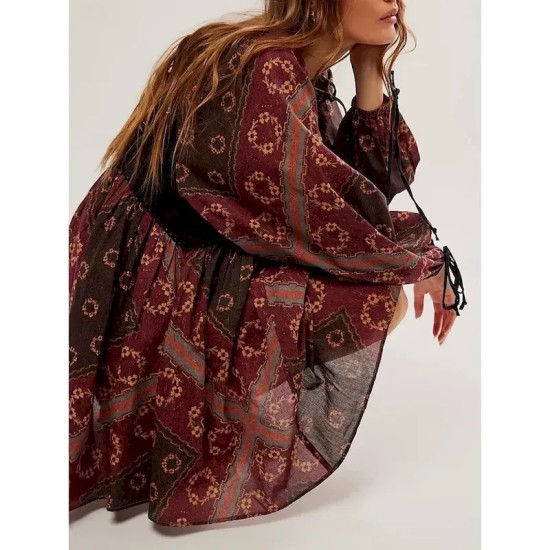 Women's Mini Dress Casual Dress Boho Dress Ethnic Casual Vacation Daily Regular Fit Floral Long Sleeve V Neck Wine Blue Green Spring Fall 2025