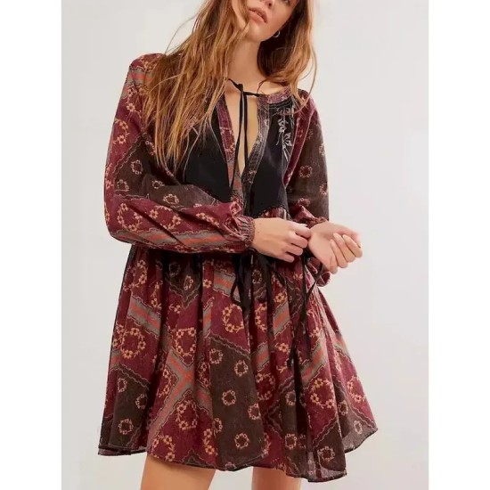 Women's Mini Dress Casual Dress Boho Dress Ethnic Casual Vacation Daily Regular Fit Floral Long Sleeve V Neck Wine Blue Green Spring Fall 2025