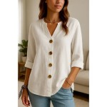 Women's Button Up Cotton Linen Shirt Plain Basic Modern Long Sleeve V Neck Regular Tops Daily Buttons White Summer 2025