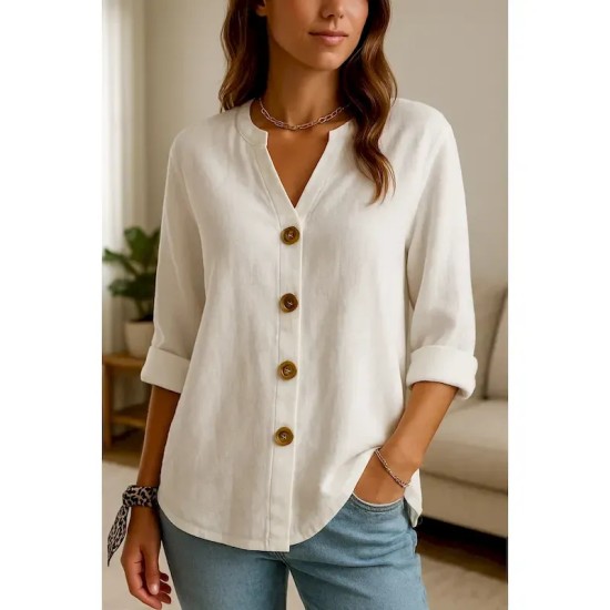 Women's Button Up Cotton Linen Shirt Plain Basic Modern Long Sleeve V Neck Regular Tops Daily Buttons White Summer 2025
