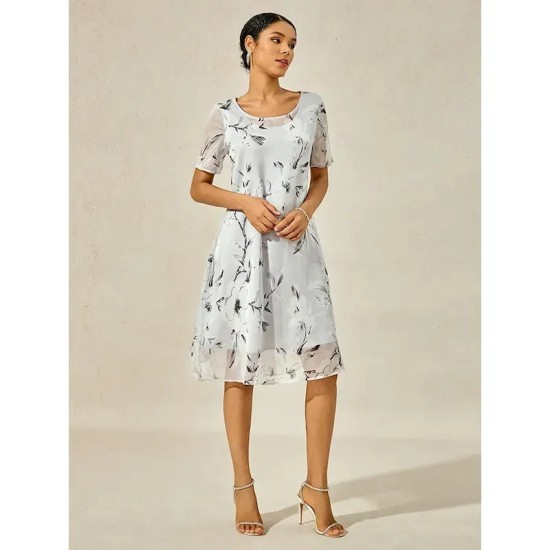 Women's Elegant Chiffon Dress Floral Mesh Print Crew Neck Midi Dress Daily Vacation Short Sleeve Summer Spring 2025