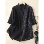 Women's Cotton Linen Shirts Floral Vintage Basic Casual 3\/4 Length Sleeve Shirt Collar Regular Tops Daily Pocket Buttons Print Black Yellow Summer Spr