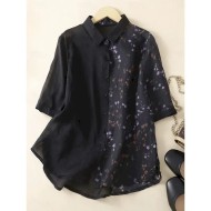 Women's Cotton Linen Shirts Floral Vintage Basic Casual 3\/4 Length Sleeve Shirt Collar Regular Tops Daily Pocket Buttons Print Black Yellow Summer Spr