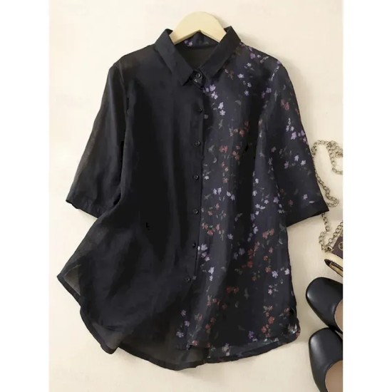 Women's Cotton Linen Shirts Floral Vintage Basic Casual 3\/4 Length Sleeve Shirt Collar Regular Tops Daily Pocket Buttons Print Black Yellow Summer Spr