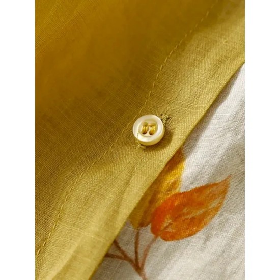 Women's Cotton Linen Shirts Floral Vintage Basic Casual 3\/4 Length Sleeve Shirt Collar Regular Tops Daily Pocket Buttons Print Black Yellow Summer Spr