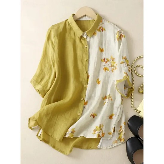 Women's Cotton Linen Shirts Floral Vintage Basic Casual 3\/4 Length Sleeve Shirt Collar Regular Tops Daily Pocket Buttons Print Black Yellow Summer Spr