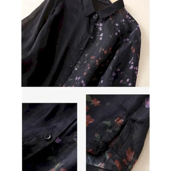 Women's Cotton Linen Shirts Floral Vintage Basic Casual 3\/4 Length Sleeve Shirt Collar Regular Tops Daily Pocket Buttons Print Black Yellow Summer Spr