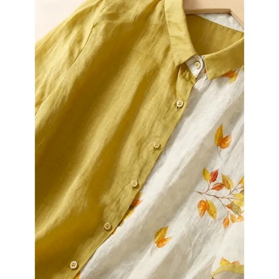 Women's Cotton Linen Shirts Floral Vintage Basic Casual 3\/4 Length Sleeve Shirt Collar Regular Tops Daily Pocket Buttons Print Black Yellow Summer Spr