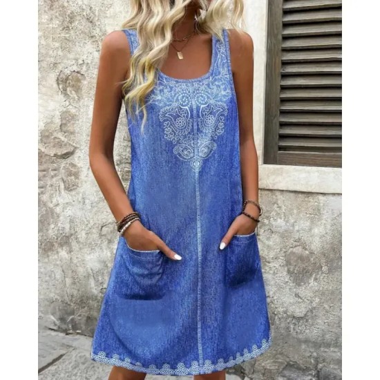 Women's Mini Dress Boho Dress Print Dress Fashion Modern Vacation Daily Holiday Regular Fit Flower Sleeveless U Neck Royal Blue Summer 2025 Women's Mini Dress Boho Dress Print Dress Fashion Modern Vacation Daily Holiday Regular Fit Flower Sleeveless U Neck Royal Blue Summer 2025