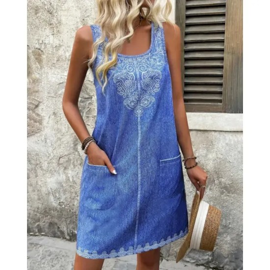 Women's Mini Dress Boho Dress Print Dress Fashion Modern Vacation Daily Holiday Regular Fit Flower Sleeveless U Neck Royal Blue Summer 2025 Women's Mini Dress Boho Dress Print Dress Fashion Modern Vacation Daily Holiday Regular Fit Flower Sleeveless U Neck Royal Blue Summer 2025