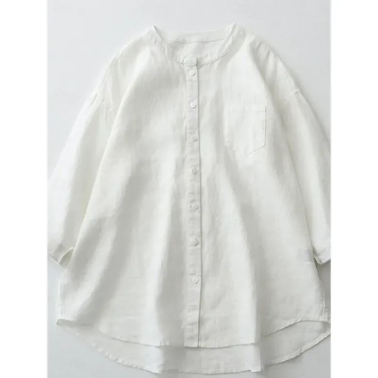Women's Shirt Cotton Linen Shirts Button Up Blouse Solid Color Basic Casual 3\/4 Length Sleeve Turtleneck Regular Tops Daily Buttons White Beige Light Women's Shirt Cotton Linen Shirts Button Up Blouse Solid Color Basic Casual 3\/4 Length Sleeve Turtleneck Regular Tops Daily Buttons White Beige Light