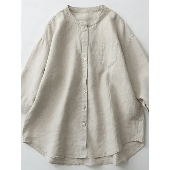 Women's Shirt Cotton Linen Shirts Button Up Blouse Solid Color Basic Casual 3\/4 Length Sleeve Turtleneck Regular Tops Daily Buttons White Beige Light Women's Shirt Cotton Linen Shirts Button Up Blouse Solid Color Basic Casual 3\/4 Length Sleeve Turtleneck Regular Tops Daily Buttons White Beige Light