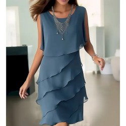 Women's Wedding Guest Cocktail Dress Elegant Chiffon Party Dress Midi Dress Blue Sleeveless Pure Color Ruffle Summer Spring Fall Crew Neck Fashion Sum