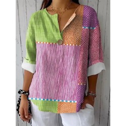 Women's Cotton Linen Shirt Graphic Geometric Color Block Vintage Tropical Hawaiian  Regular Tops Daily Holiday Beach Wear Patchwork Buttons Print Pink