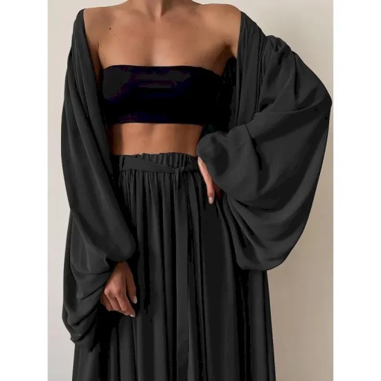 Women Sexy Boho Shirt Cotton Linen Sets Two Piece Sets Long Sleeve Puff Sleeve Plain Going out Beach Black White Camel Fall & Winter Loose Fit 2025