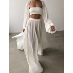 Women Sexy Boho Shirt Cotton Linen Sets Two Piece Sets Long Sleeve Puff Sleeve Plain Going out Beach Black White Camel Fall & Winter Loose Fit 2025