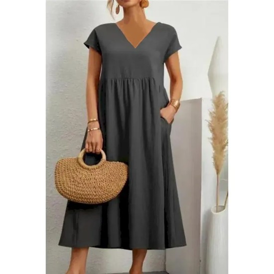 Women's Midi Dress Linen-Inspired Dresses Cotton Linen Dress Basic Classic Modern Vacation Daily Holiday Regular Fit Plain Short Sleeve V Neck Black L Women's Midi Dress Linen-Inspired Dresses Cotton Linen Dress Basic Classic Modern Vacation Daily Holiday Regular Fit Plain Short Sleeve V Neck Black L